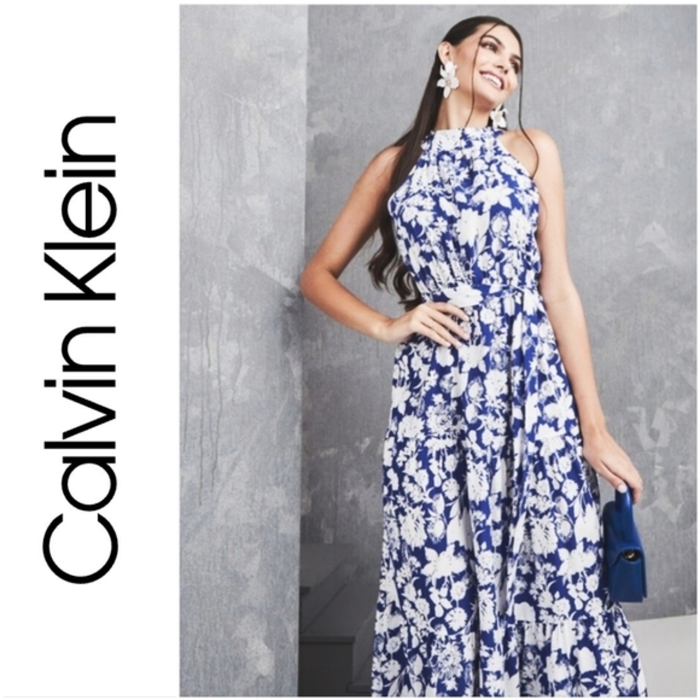 Navy Silk Botanical Maxi Dress
